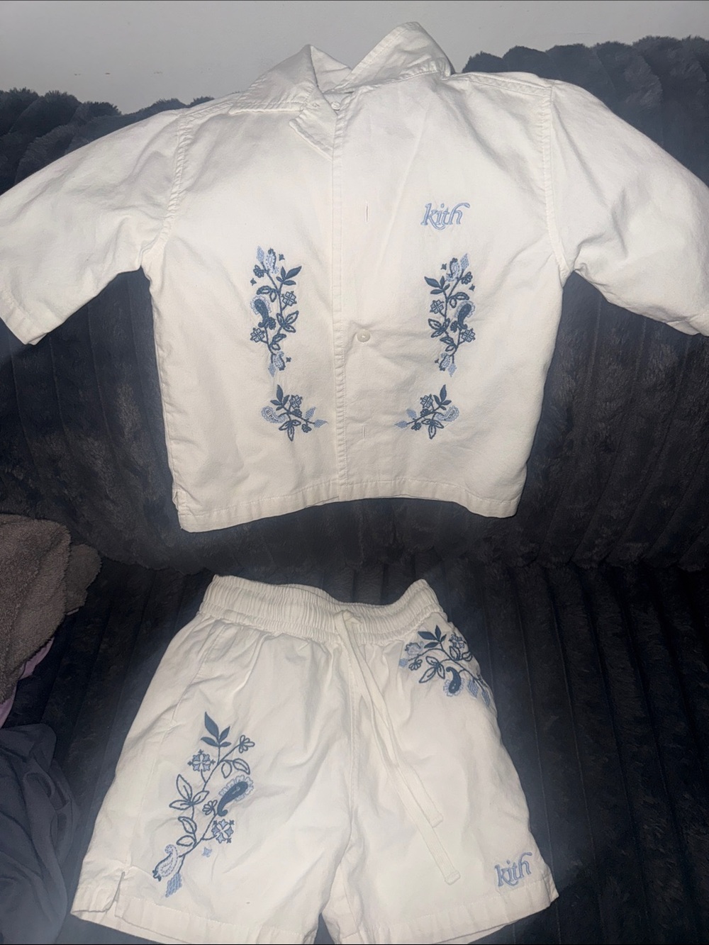 Kith White Pajama Set with Blue Floral Embroidery
